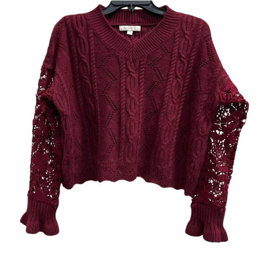 Burgundy red Whimsigoth festival lace sleeve cable knit oversized sweater Sz S